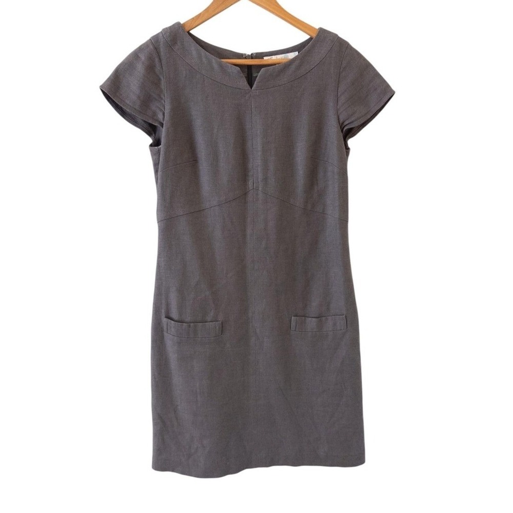 Boden Gray Linen Blend Sheath Dress Womens 6 Short Sleeve Pockets Work Career